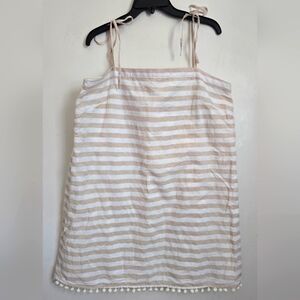 Women's J. Crew Linen Blend Shoulder Tie Striped Pom Pom Dress XL Boho Costal